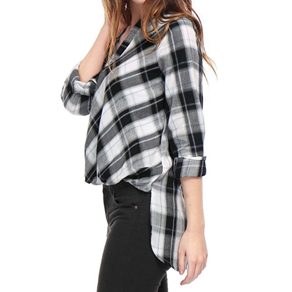 High Low Hem One Snap Button Plaid Shirt - Picture 2 of 4